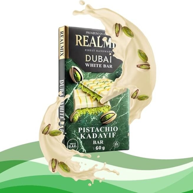 REALMIX Dubai Chocolate Directly from Dubai UAE | Authentic Dubai Milk Chocolate with Pistachios and Kunafa Filling | Made in Dubai U.A.E. | (Mini, White Chocolate)