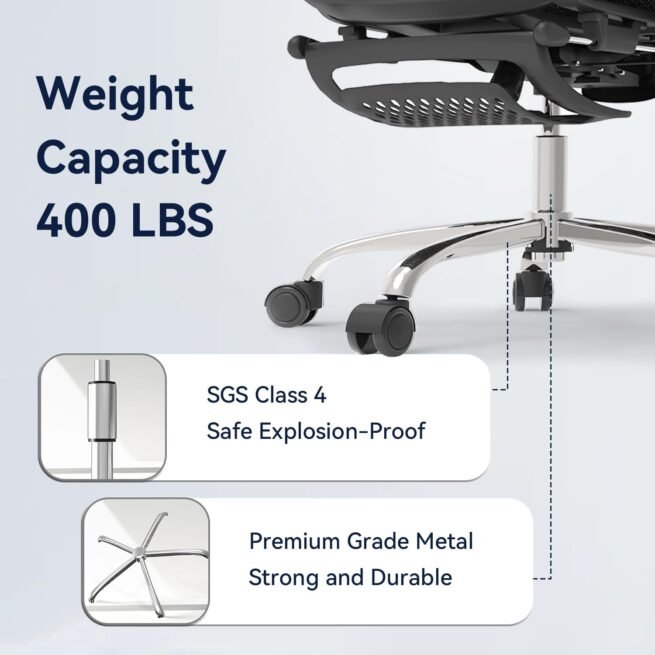 Cadeira de escritório ergonômica, encosto inclinado de 3 níveis, malha respirável com suporte lombar ajustável, apoio de cabeça e braços 3D, apoio para os pés retrátil