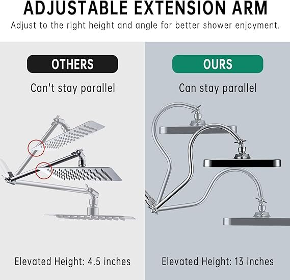 Cabeças de chuveiro de 33 cm com combo de pulverizador portátil multifuncional, desviador estendido de metal de 3 vias com suporte e braço de extensão de chuveiro curvado ajustável de metal, mangueira