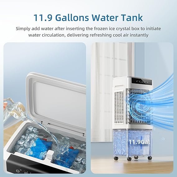 Refrigerador de ar evaporativo, condicionadores de ar portáteis 3 em 1 com 3531 CFM, refrigerador de pântano com tanque de água de 11,9 galões, controle remoto e de toque, oscilação de 90° + 120°