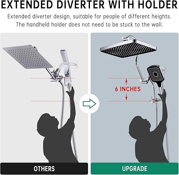 Cabeças de chuveiro de 33 cm com combo de pulverizador portátil multifuncional, desviador estendido de metal de 3 vias com suporte e braço de extensão de chuveiro curvado ajustável de metal, mangueira