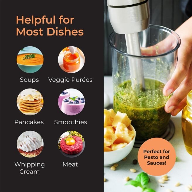 Mueller Liquidificador de imersão portátil – liquidificador manual elétrico de aço inoxidável de 8 velocidades, liquidificador de emulsão 3 em 1 portátil com modo turbo, emulsificante para cozinha