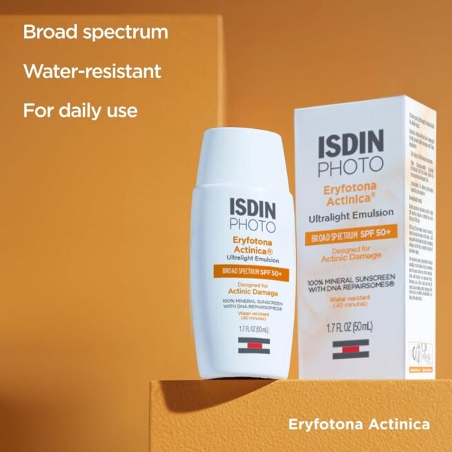 ISDIN Eryfotona Actinica Óxido de zinco e protetor solar 100% mineral amplo espectro FPS 50+, sem gesso branco, adequado para peles sensíveis