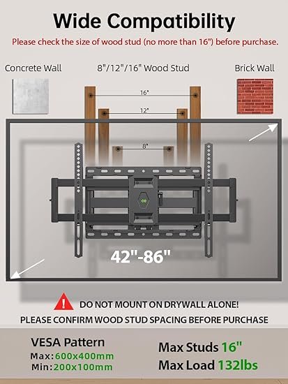 USX Mount Suporte de parede de TV Full Motion para a maioria das telas planas/LED/4K de 42 a 86 polegadas, suporte de montagem para TV, inclinação articulada dupla com 6 braços
