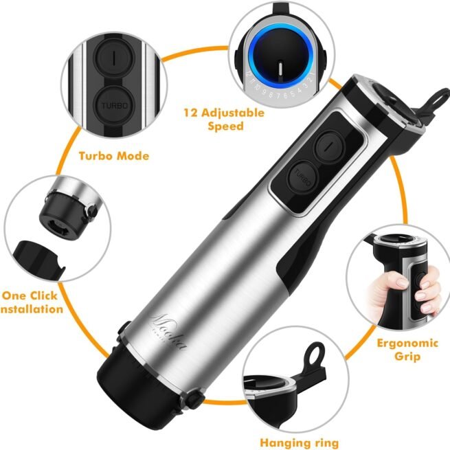 Liquidificador de imersão portátil, liquidificador manual multiuso 5 em 1 1100W, liquidificador de 12 velocidades, copo de 600 ml, picador de 500 ml, batedor de ovos, espumador de leite, preto
