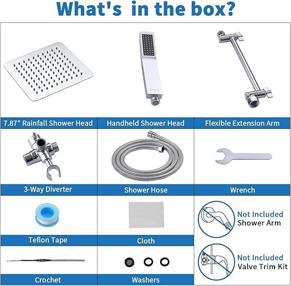 G-Promise Chuveiro quadrado duplo de 20 cm de metal com combo de spray portátil, cabeça de chuveiro de chuva, braço de extensão ajustável, desviador de 3 vias suave, mangueira extra longa de 180 cm -