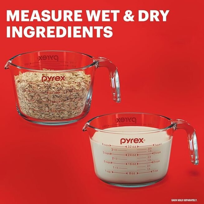 Pyrex Essentials (3 unidades) Conjunto de copos medidores de vidro, (1, 2 e 4 xícaras) copos medidores para preparar, assar e cozinhar, forno pré-aquecido, máquina de lavar louça, freezer e microondas