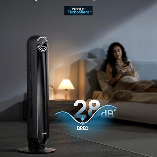 Dreo Ventilador de torre para quarto, 7,6 m/s Velocity 28dB Ventilador de chão silencioso, ventiladores oscilantes de 90° para ambientes internos com 4 velocidades, 4 modos, temporizador 8H