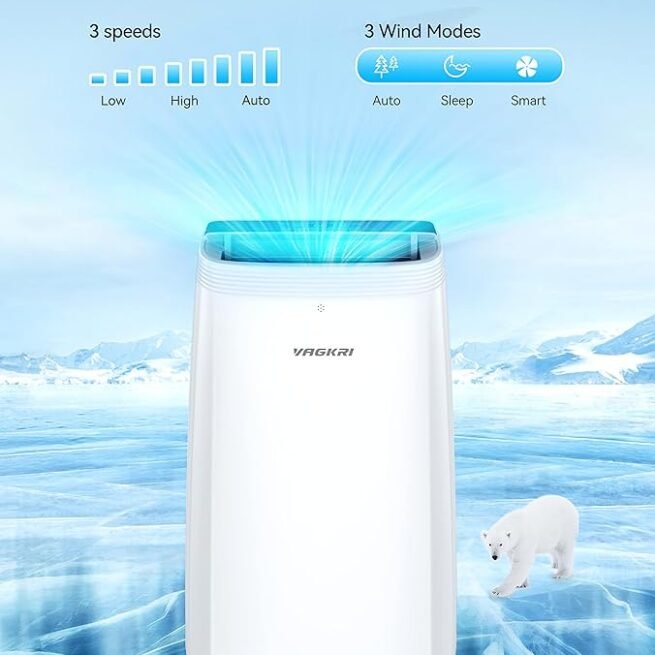 VAGKRI Condicionadores de ar portáteis 14000 BTU ASHRAE (10.200 BTU DOE/SACC), unidade CA 3 em 1 com ventilador e desumidificador esfria até 700 m², modo inteligente/hibernação, 3 velocidades