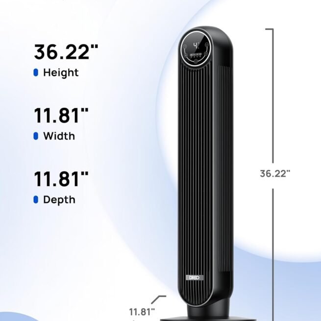 Dreo Ventilador de torre para quarto, 7,6 m/s Velocity 28dB Ventilador de chão silencioso, ventiladores oscilantes de 90° para ambientes internos com 4 velocidades, 4 modos, temporizador 8H