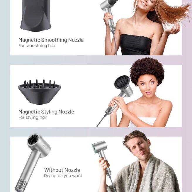 Secador de cabelo – Secador de cabelo iônico negativo com motor sem escova de alta velocidade de 150.000 RPM para secagem rápida, secador de cabelo com controle térmico de baixo ruído com difusor