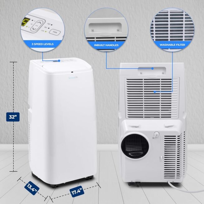 SereneLife SLPAC12.5 SLPAC Ar condicionado portátil 3 em 1 com função de desumidificador integrada, modo de ventilador, controle remoto, kit completo de escapamento de montagem de janela, 12.000 BTU