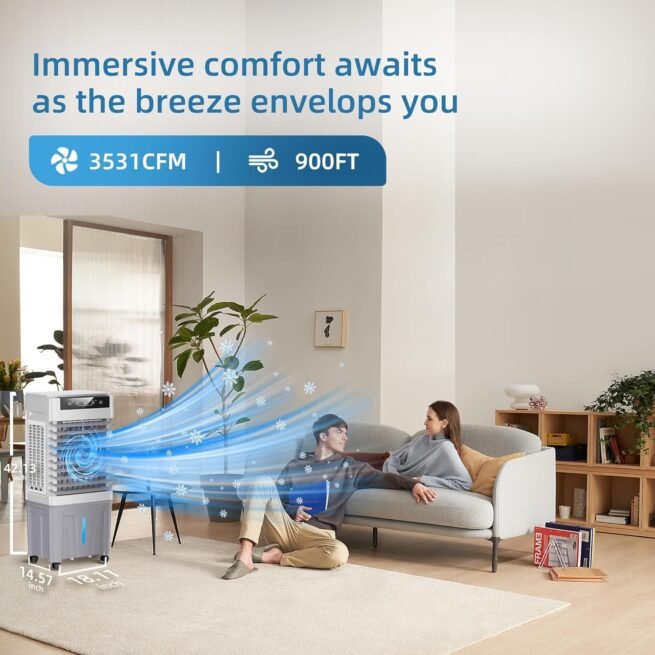 Refrigerador de ar evaporativo, condicionadores de ar portáteis 3 em 1 com 3531 CFM, refrigerador de pântano com tanque de água de 11,9 galões, controle remoto e de toque, oscilação de 90° + 120°