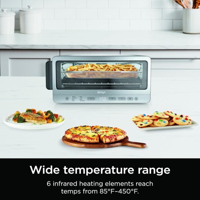Ninja Torradeira flip forno e fritadeira a ar, funcionalidade 8 em 1, capacidade de abrir e afastar para espaço de armazenamento, grande capacidade, cesta de fritura a ar, panela, rack de arame