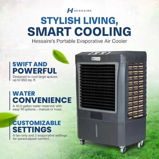 Hessaire MC37M Refrigerador de ar oscilante evaporativo portátil para ambientes internos ou externos para 950 metros quadrados de espaço com reservatório de água