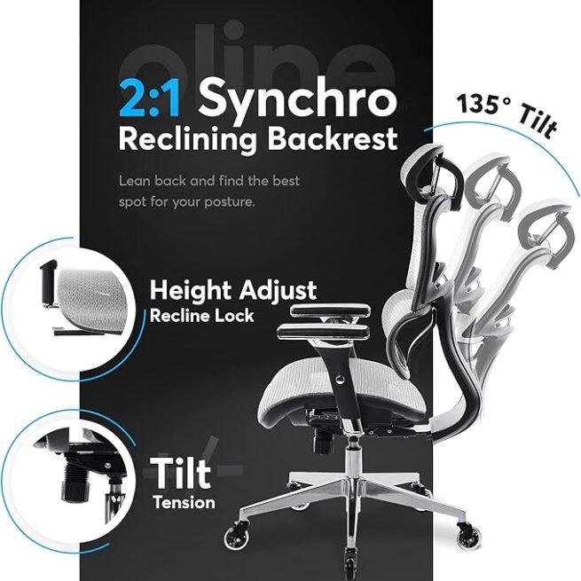 Oline Cadeira de escritório ergonômica ErgoPro – Cadeira de mesa com rodinhas com apoio de braço ajustável 4D, suporte lombar 3D e rodas de lâmina – Cadeira de malha para computador