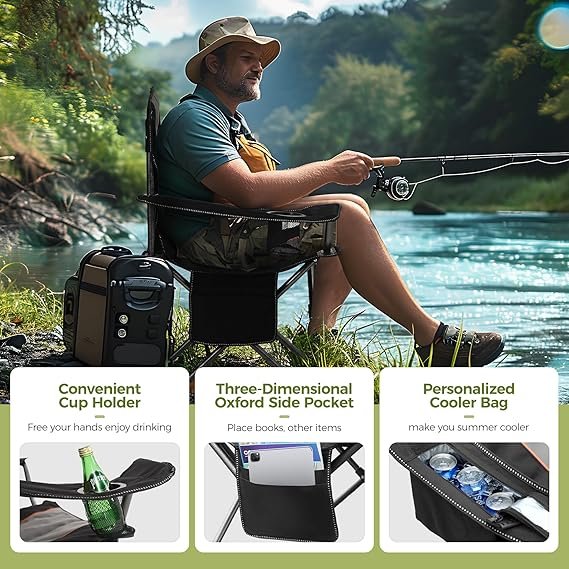 ALPHA CAMP Cadeira dobrável de acampamento grande, suporte resistente, estrutura de aço de 204 kg, dobrável, com suporte para copos, costas lombares quádruplas, portátil para uso ao ar livre