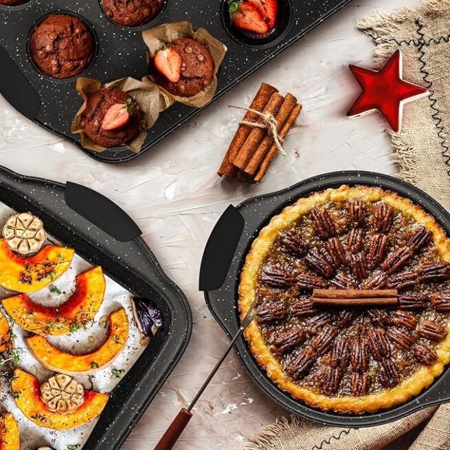 Conjunto de 11 formas antiaderentes, conjuntos de assadeiras empilháveis, formas de forno para assar com alças de silicone, inclui assadeira, formas de bolo, forma de pizza, forma de muffin