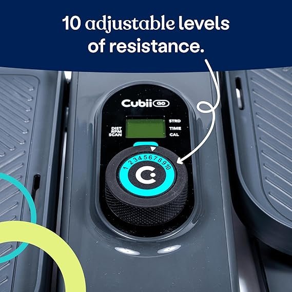 Cubii GO Aqua – Elíptico compacto sussurro silencioso sob a mesa com monitor LCD, resistência ajustável, design portátil com alça telescópica e rodas