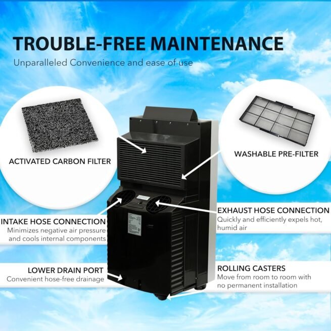 Whynter Ar condicionado portátil de 14.000 BTU com desumidificador de mangueira dupla e ventilador de resfriamento para salas de 500 metros quadrados, inclui kit de janela de unidade AC, ARC-14S