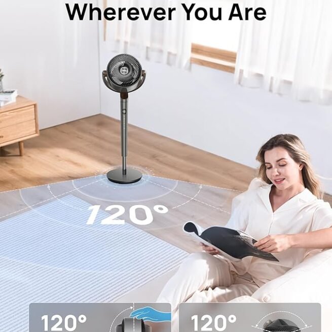 Dreo Ventilador para quarto, ventiladores oscilantes de 120°, ventilador de chão silencioso com motor CC, ventiladores de pedestal de 26 m para sala, 8 velocidades, 3 modos, 20dB, vertical manual