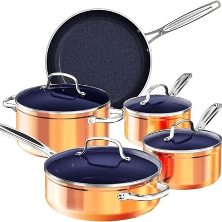 Nuwave Conjunto de 9 peças de panelas saudáveis Duralon azul revestimento antiaderente, resistente a arranhões com infusão de diamante, livre de PFAS, seguro para forno, pronto para indução