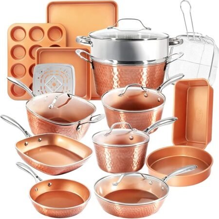 Gotham Steel Coleção Hammered Copper – Conjunto de panelas e frigideiras premium de 20 peças de cerâmica antiaderente + conjunto de utensílios de cozinha para cozinha, seguro para indução/máquina