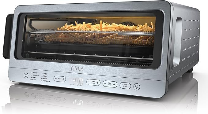 Ninja Torradeira flip forno e fritadeira a ar, funcionalidade 8 em 1, capacidade de abrir e afastar para espaço de armazenamento, grande capacidade, cesta de fritura a ar, panela, rack de arame