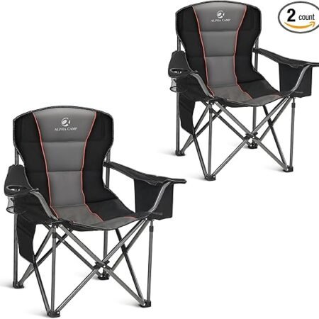 ALPHA CAMP Cadeira dobrável de acampamento grande, suporte resistente, estrutura de aço de 204 kg, dobrável, com suporte para copos, costas lombares quádruplas, portátil para uso ao ar livre