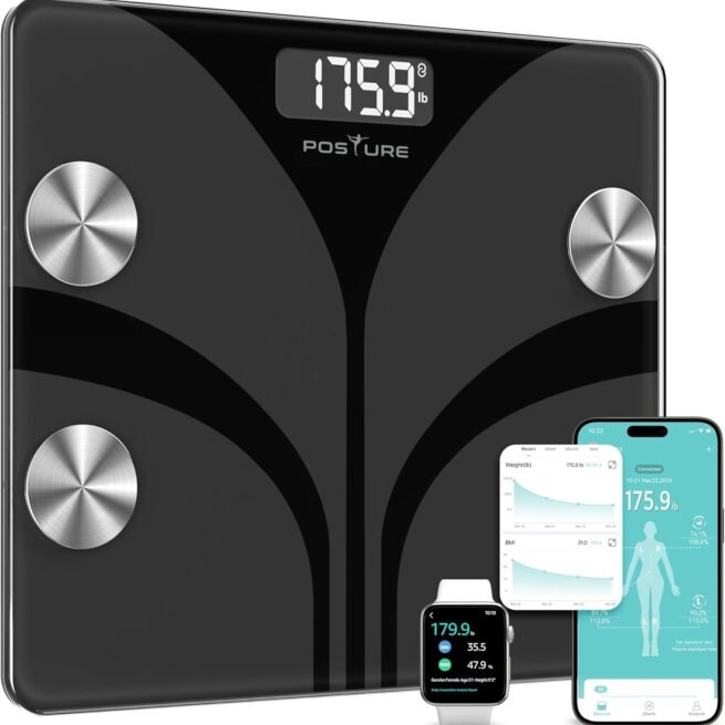 Posture Balança para peso corporal, tela LCD inteligente de banheiro digital, analisador de composição corporal, sincronização de 13 aplicativos, monitor de saúde BMl 181 kg - preto