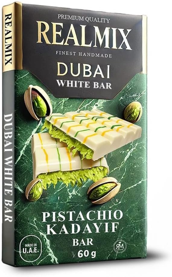 REALMIX Dubai Chocolate Directly from Dubai UAE | Authentic Dubai Milk Chocolate with Pistachios and Kunafa Filling | Made in Dubai U.A.E. | (Mini, White Chocolate)