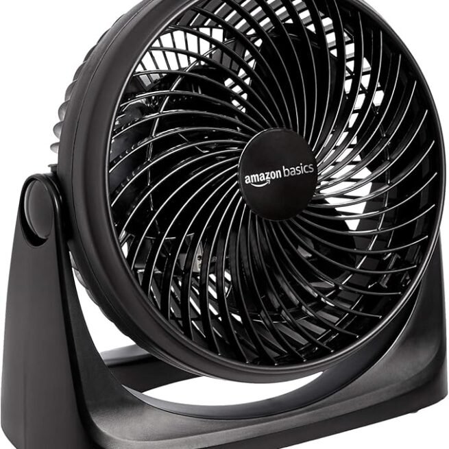 Amazon Basics Ventilador de circulação de ar, ventilador de mesa para quarto, casa e escritório, com cabeça de inclinação de 90 graus, 3 configurações de velocidade, leve (1,4 kg), 35 watts, preto.