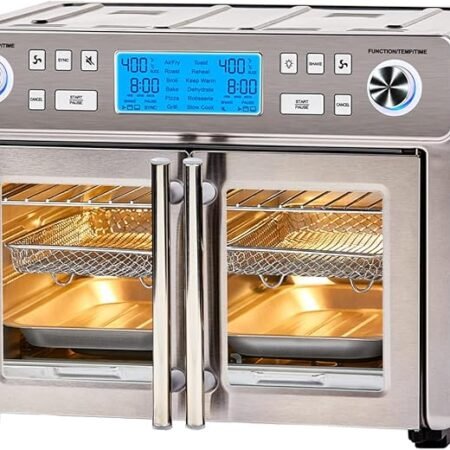 Emeril Lagasse Combo de forno Dual Zone 360 Air Fryer com porta francesa, 25 litros extra grande, cozinhe dois alimentos de maneiras diferentes, até 60% mais rápido do congelado ao acabamento