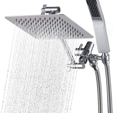 G-Promise Chuveiro quadrado duplo de 20 cm de metal com combo de spray portátil, cabeça de chuveiro de chuva, braço de extensão ajustável, desviador de 3 vias suave, mangueira extra longa de 180 cm -
