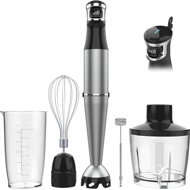 Conjunto de liquidificador de imersão portátil com fio de 1100 W, gatilho de velocidade variável, emulsificante 5 em 1 com picador, batedor e espumador para sopa, comida de bebê e vitaminas