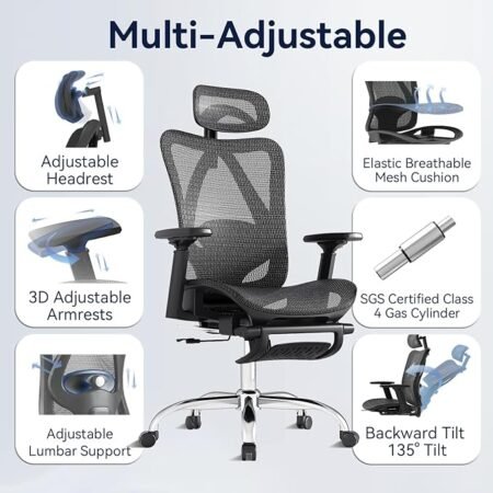 Cadeira de escritório ergonômica, encosto inclinado de 3 níveis, malha respirável com suporte lombar ajustável, apoio de cabeça e braços 3D, apoio para os pés retrátil