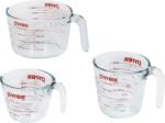 Pyrex Essentials (3 unidades) Conjunto de copos medidores de vidro, (1, 2 e 4 xícaras) copos medidores para preparar, assar e cozinhar, forno pré-aquecido, máquina de lavar louça, freezer e microondas