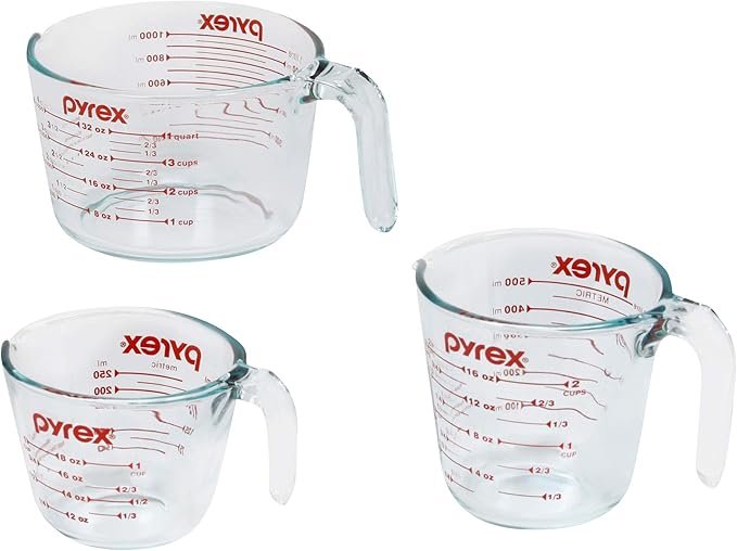 Pyrex Essentials (3 unidades) Conjunto de copos medidores de vidro, (1, 2 e 4 xícaras) copos medidores para preparar, assar e cozinhar, forno pré-aquecido, máquina de lavar louça, freezer e microondas