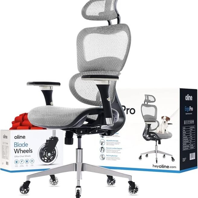Oline Cadeira de escritório ergonômica ErgoPro – Cadeira de mesa com rodinhas com apoio de braço ajustável 4D, suporte lombar 3D e rodas de lâmina – Cadeira de malha para computador