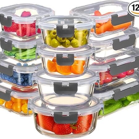FineDine Recipientes de armazenamento de vidro de 24 peças com tampas – à prova de vazamento, podem ser lavados na lava-louças. Recipientes de armazenamento de alimentos.