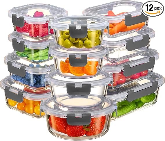 FineDine Recipientes de armazenamento de vidro de 24 peças com tampas – à prova de vazamento, podem ser lavados na lava-louças. Recipientes de armazenamento de alimentos.