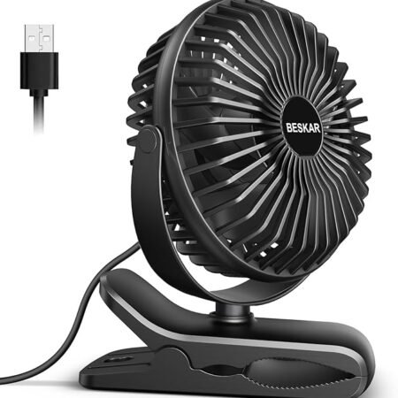 BESKAR Ventilador de clipe pequeno, ventilador USB de 3 velocidades com fluxo de ar forte, clipe e ventilador de mesa Plugue USB com grampo resistente - Operação ultra silenciosa para escritório