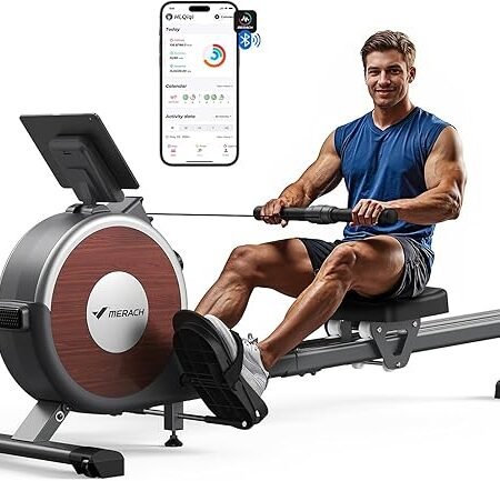 MERACH Máquina de remo, máquina de remo magnético para casa, 16 níveis de resistência silenciosa, trilho deslizante duplo com capacidade máxima de 158 kg, compatível com aplicativo