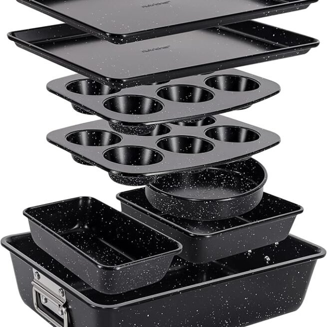 NutriChef Conjunto de assadeiras empilháveis de 8 peças | Conjunto de assadeiras antiaderentes de aço carbono | Inclui assadeira, muffin, redondo, pão, bolo quadrado e formas profundas | Sem PFOA