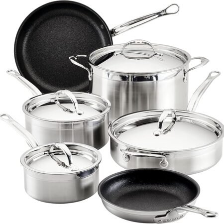 Hestan - Coleção ProBond - Conjunto profissional de panelas antiaderentes TITUM de aço inoxidável, compatível com placa de indução, feito sem PFOAs (10 peças)