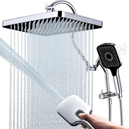 Cabeças de chuveiro de 33 cm com combo de pulverizador portátil multifuncional, desviador estendido de metal de 3 vias com suporte e braço de extensão de chuveiro curvado ajustável de metal, mangueira
