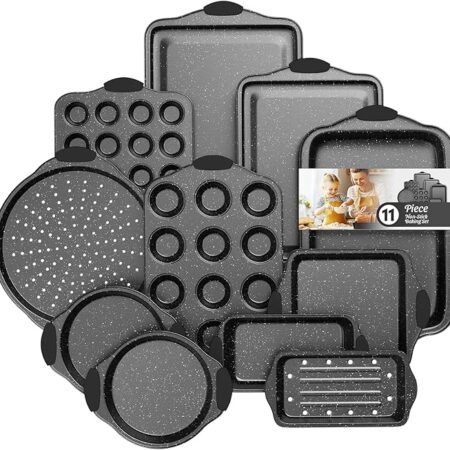 Conjunto de 11 formas antiaderentes, conjuntos de assadeiras empilháveis, formas de forno para assar com alças de silicone, inclui assadeira, formas de bolo, forma de pizza, forma de muffin