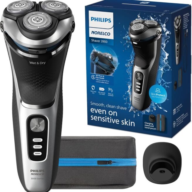 Philips Norelco Shaver Série 3900, barbeador elétrico úmido e seco, P-Cap, bolsa de viagem, suporte de carregamento, azul tempestade, modelo S3341/92