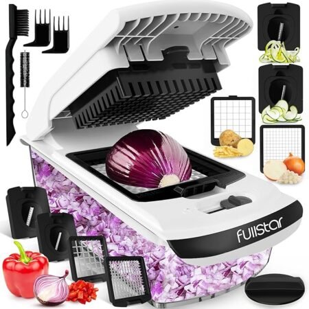 Fullstar Cortador de vegetais - Cortador de alimentos - Cortador de cebola - Fatiador de vegetais e espiralizador - Picador de vegetais com recipiente - Utensílios de cozinha - Essenciais para casa