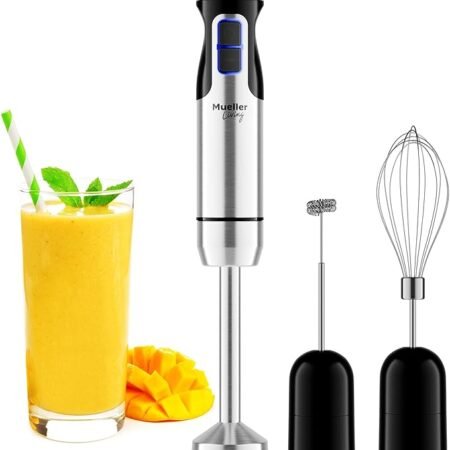 Mueller Liquidificador de imersão portátil – liquidificador manual elétrico de aço inoxidável de 8 velocidades, liquidificador de emulsão 3 em 1 portátil com modo turbo, emulsificante para cozinha